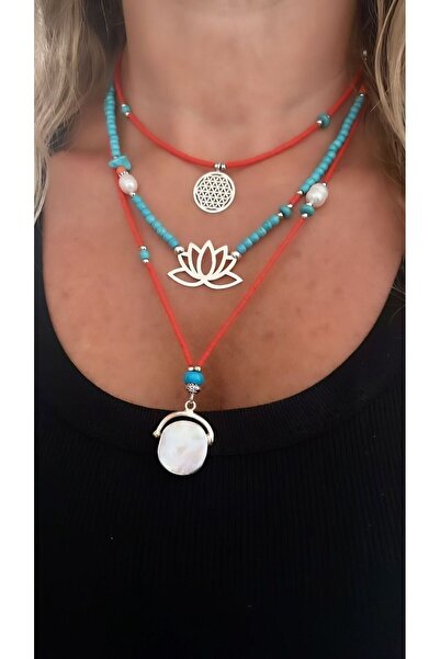 splashtakı 925 Ayar Gümüş Kolye Yaşam Lotus Çiçeği Doğaltaş Sedef Inci Kombin Takı