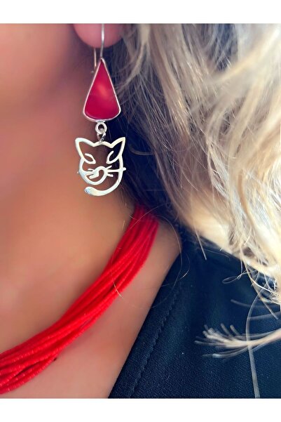 splashtakı 925 Ayar Gümüş Kedili Küpe Kök Mercan Doğaltaş Takı