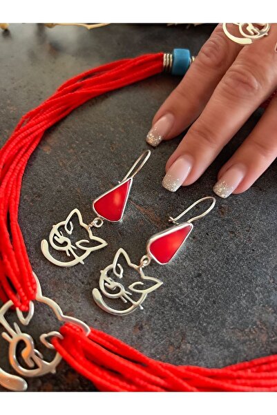 splashtakı 925 Ayar Gümüş Kedili Küpe Kök Mercan Doğaltaş Takı