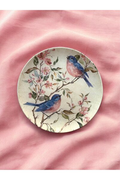 unique florya Mavı Pembe Kuş Desenli Çiçekli Duvar Tabağı Dekoratif Bahçe Balkon Mutfak Salon Duvar Süsü No:167