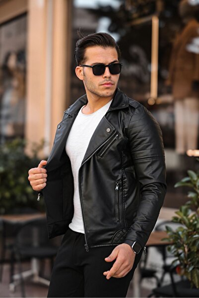 gm giyimarket Jachetă de piele neagră cu fermoar diagonal pentru bărbați