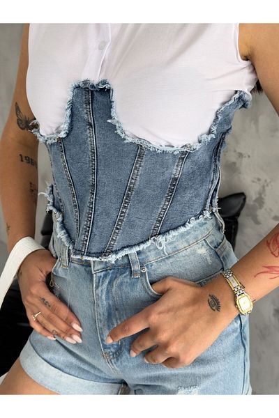 NEW JOURNAL Cămașă albă fără mâneci cu corset de jeans cu design special pentru femei Tll- 100052303