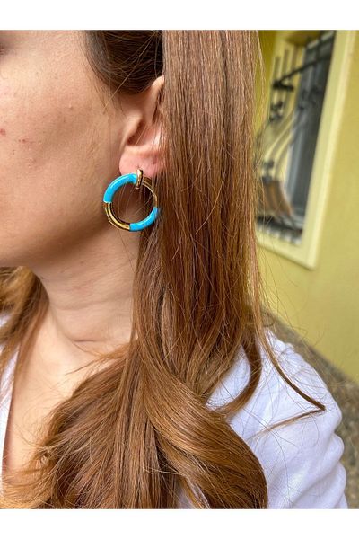 ByMerve Bym433 Gold and Blue Round Special Series Women's Steel Earrings