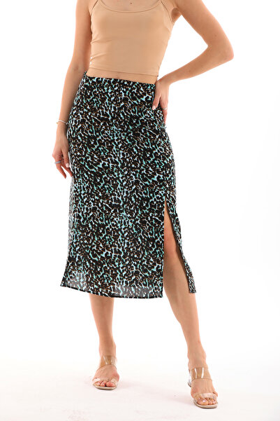 QUZLAK Kadın YEŞİL desenli yırtmaçlı etek