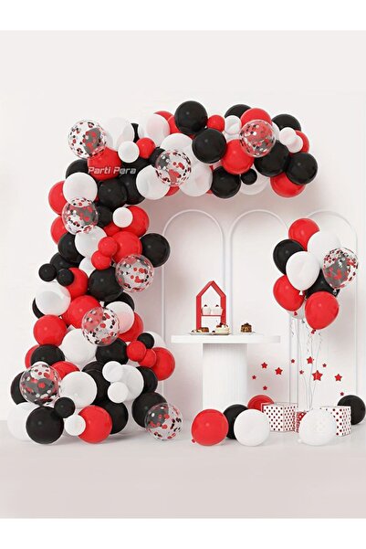 parti pera Kırmızı Beyaz Siyah Konfetili Balon Zincir Seti Doğum Günü Balon Z...