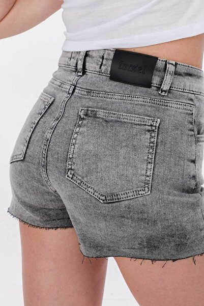 focsel Gri Yüksek Bel Kar Yıkamalı Kadın Kot Mini Şort Etek