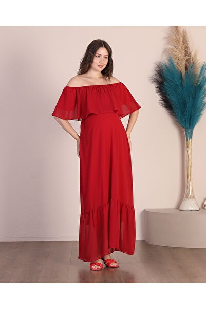 Azra Style Maternity Madonna Collar Red Skirt Ruffled Long Maternity Chiffon Dress