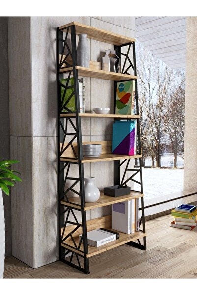 Wood'n Love Albatros 5 Raflı Piramit Metal Kitaplık - Atlantik Çam / Siyah