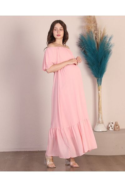 Azra Style Fusta de maternitate Madonna cu guler pudră Rochie lungă de maternitate din șifon cu volane