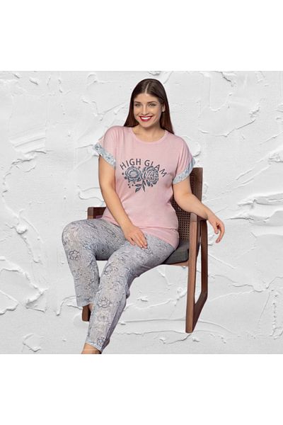 Gülfirik Tasarım Plus Size Women's Summer Pajamas Set - Short Sleeve, Long Leg, Pink and Gray Color