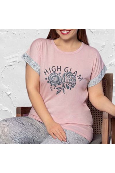 Gülfirik Tasarım Plus Size Women's Summer Pajamas Set - Short Sleeve, Long Leg, Pink and Gray Color