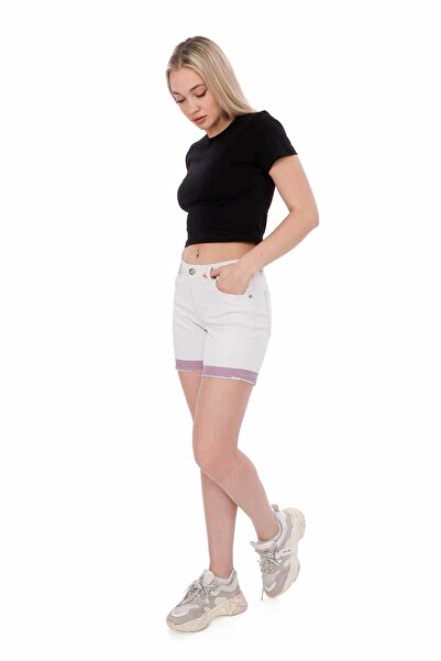 focsel Lila Detay Beyaz Slim Fit Yüksek Bel Kadın Jean Şort