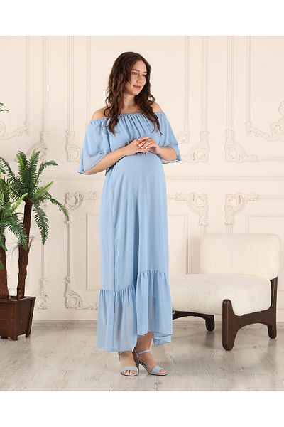 Azra Style فستان طويل من الشيفون بياقة كارمن باللون الأزرق الفاتح - 7009