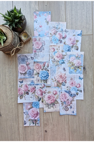 Mona Craftist مجموعة من 15 ورقة قصاصات ذات طابع وردي عتيق - مجلة رصاصة زرقاء