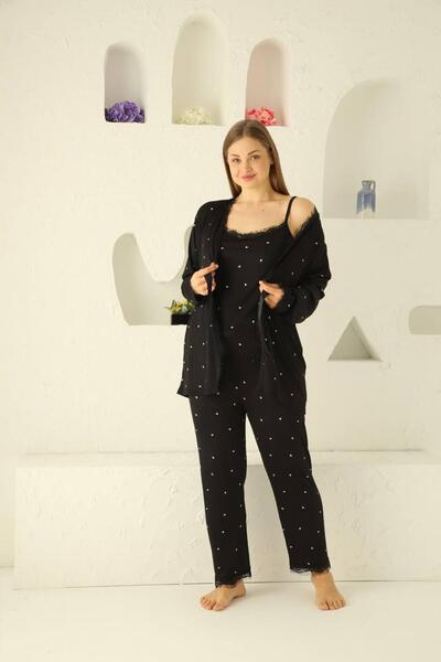 SEBOTEKS Heart Patterned Guipure Detailed Rope Strap 3-Piece Pajama Set - Morning Gown 20544