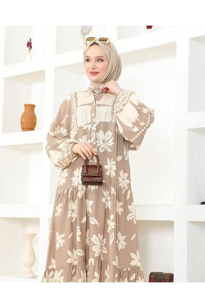 TUTveAL Collection Long Full Length Balloon Sleeve Dress 100% Cotton Viscose Fabric Skirt Ruffle Patterned V-neck Dress