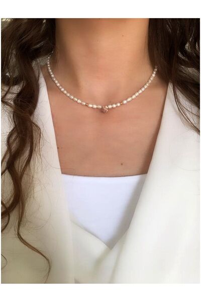 Serline Desing Kadın Inci Kolye-925 Ayar Gümüş Patentli Rose Rengi Şans Yonca...