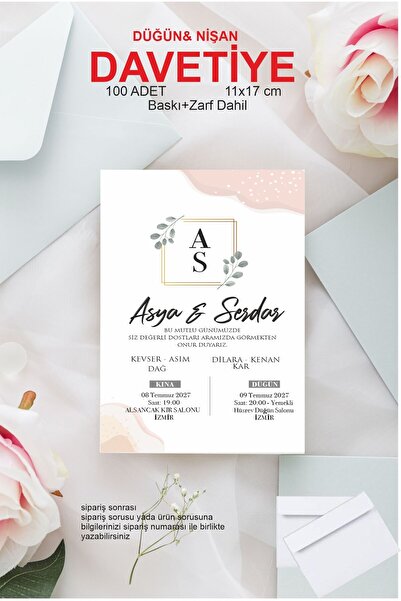 Hsn Nikah Nişan Düğün Davetiyesi Baskılı Zarflı 100 Adet Davetiye