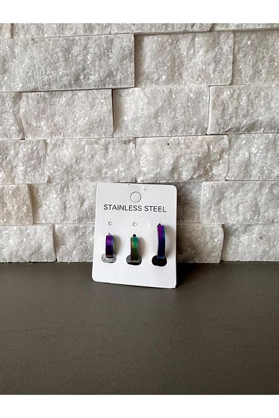biralışveriş 3-Piece Hoop Set - Multicolored Steel Earrings
