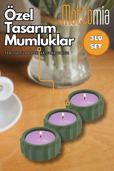 mottomia 3'lü 3d Baskı Modern Dekoratif Yeşil Mumluk Seti - Tealight Minimal ...