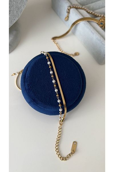 SU PERİSİ TAKI BİJUTERİ Steel Gold Italian Chain and Pearl Detailed Anklet