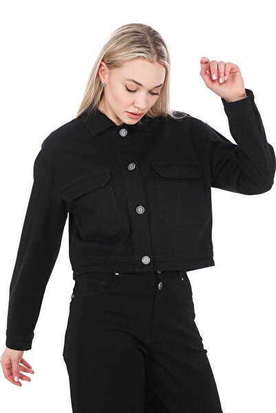 focsel Siyah Çift Cepli Gabardin Kadın Trucker Ceket