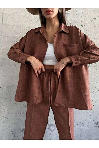 ZoeFlower Γυναικείο διπλό λινό πουκάμισο Παντελόνι στο κάτω επάνω μέρος Σετ κορδόνι