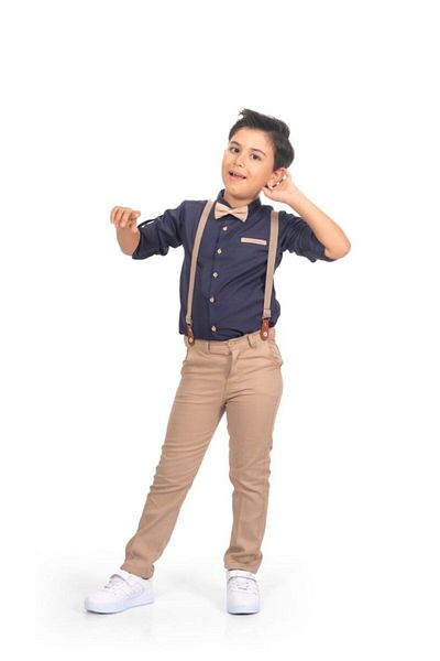 Terry Boy's Navy Blue Oxford Shirt Beige Bow Tie Suit