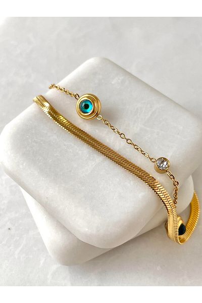 Lujo Gold Colored Steel Italian Chain Detailed Stone and Evil Eye Bracelet