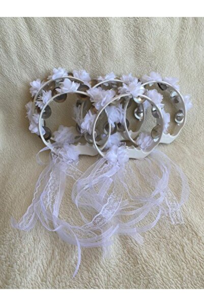 ARHEDİYELİK BEYAZ Süslü Gelin Nedime Kına Gecesi Tefi, Üç Boyut Lazer Çiçek ve Kurdele Detaylı Tef 10 Adet