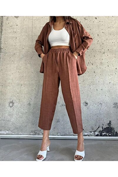 ZoeFlower Γυναικείο διπλό λινό πουκάμισο Παντελόνι στο κάτω επάνω μέρος Σετ κορδόνι