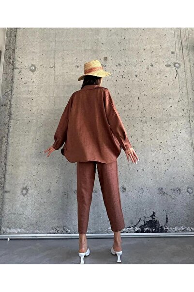 ZoeFlower Γυναικείο διπλό λινό πουκάμισο Παντελόνι στο κάτω επάνω μέρος Σετ κορδόνι