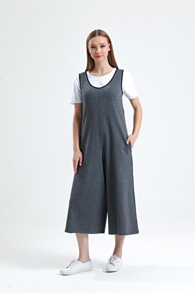 pulur.co Gri Melanj Kolsuz Yuvarlak Yaka Pamuklu Iki Iplik Örme Cepli Tulum