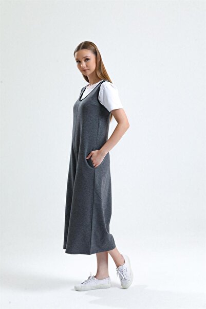 pulur.co Gri Melanj Kolsuz Yuvarlak Yaka Pamuklu Iki Iplik Örme Cepli Tulum