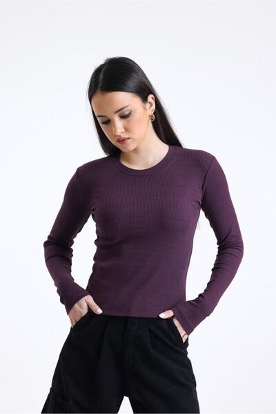 pulur.co تي شيرت Vişne Çürüği من القطن قماش مجدّل حياكة مضلعة برقبة دائرية وأكمام طويلة مرنة