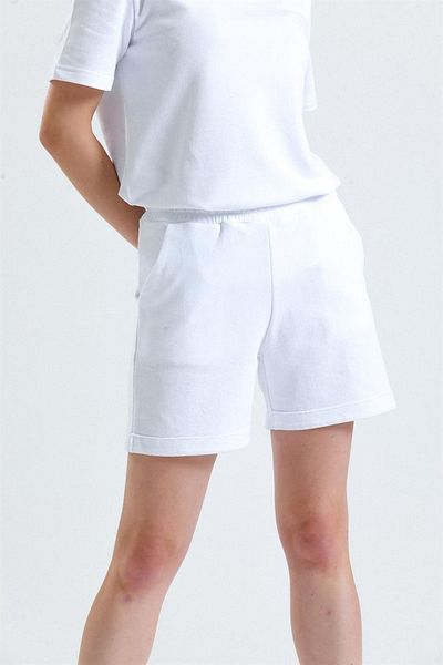 pulur.co White Leg Detailed Pocket High Waist Short Sweat Shorts