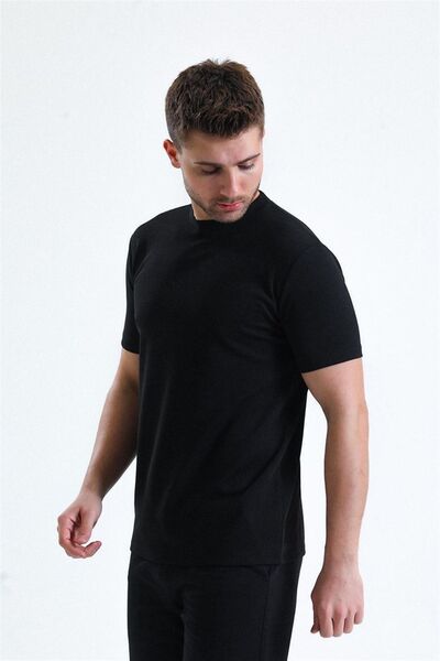 pulur.co Black Crew Neck Ottoman Knitted T-Shirt