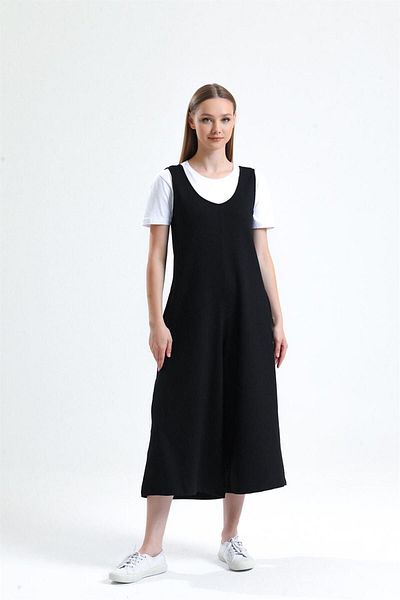 pulur.co Black Sleeveless Round Neck Cotton Two Thread Knitted Jumpsuit with Pockets