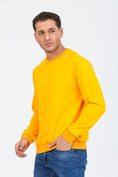 pulur.co Sarı Kapüşonsuz Bisiklet Yaka Basic Sweatshirt