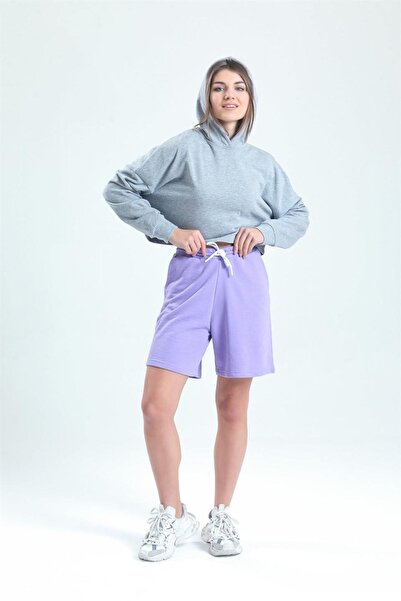 pulur.co Lila Yüksek Bel %100 Pamuk Basic Rahat Sweat Şort