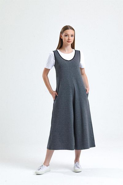pulur.co Gray Melange Sleeveless Round Neck Cotton Two Thread Knitted Jumpsuit with Pockets