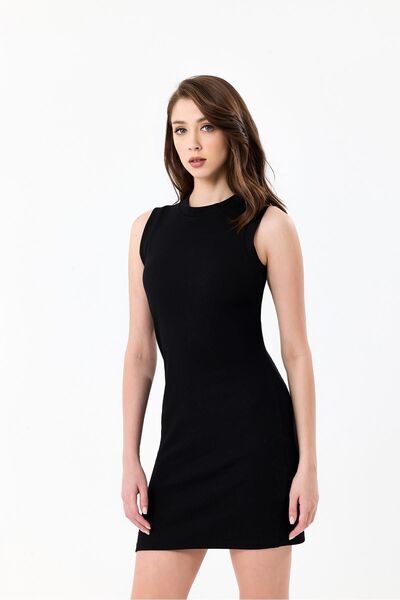pulur.co Black Sleeveless 95% Cotton Ribbed Dress - Crew Neck