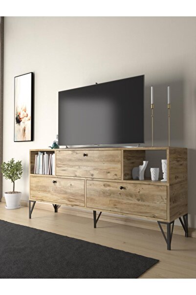 Wood'n Love Mia 160 Cm Metal Ayaklı Tv Ünitesi - Konsol - Atlantik Çam / Siyah
