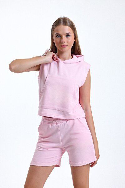 pulur.co Pembe Paça Detaylı Cepli Yüksek Bel Kısa Sweat Şort