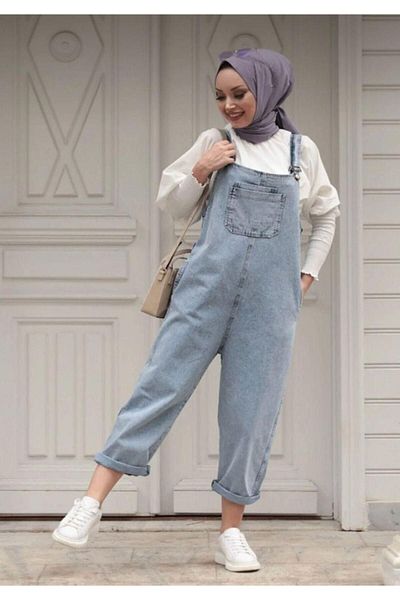alhemengelir Light Blue Denim Three Pocket Detailed Women's Jumpsuit