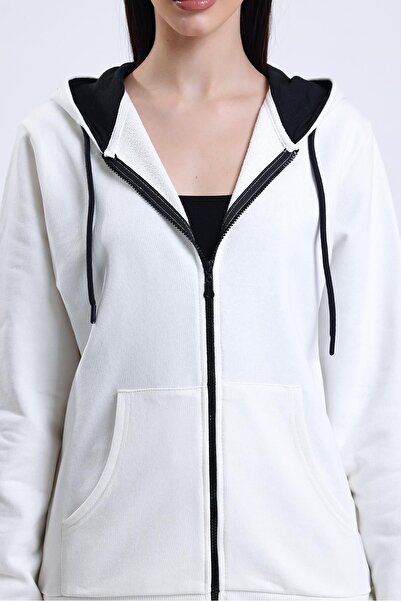 pulur.co Ecru 100% Cotton Zippered Cardigan with Hood