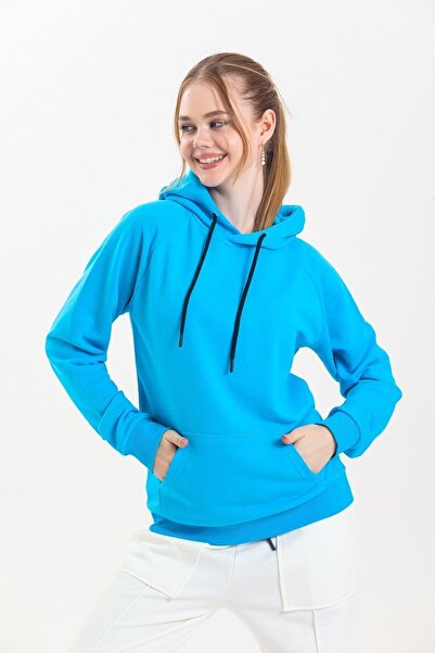 pulur.co Turkuaz Kapüşonlu Kanguru Cepli Basic Sweatshirt
