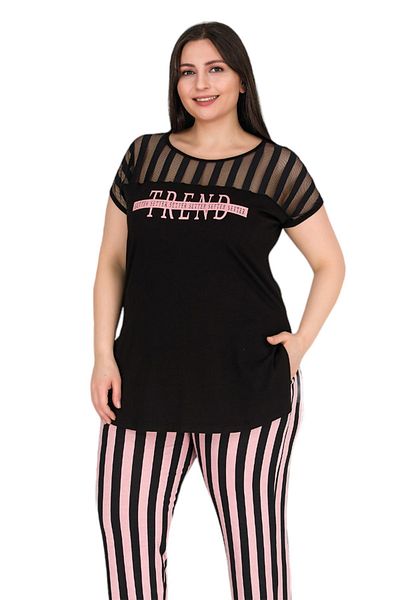 quilling Lady 10772 - Black and Pink Striped, Short Sleeve Large Size Women's Pajamas Set