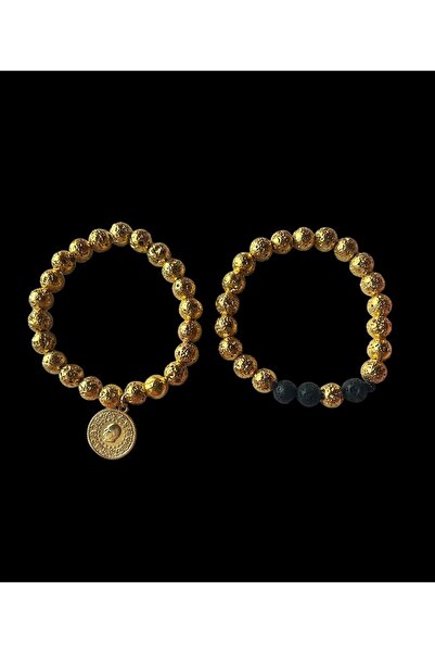 2’li kombin tasarım bileklik gold Lav taşlı çeyrek altın figürlü Modern tasarım