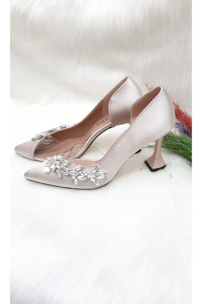 HAVVA SHOES Kadın Ten Saten Yan Şeffaf Taşlı Şampanya Topuklu Stiletto